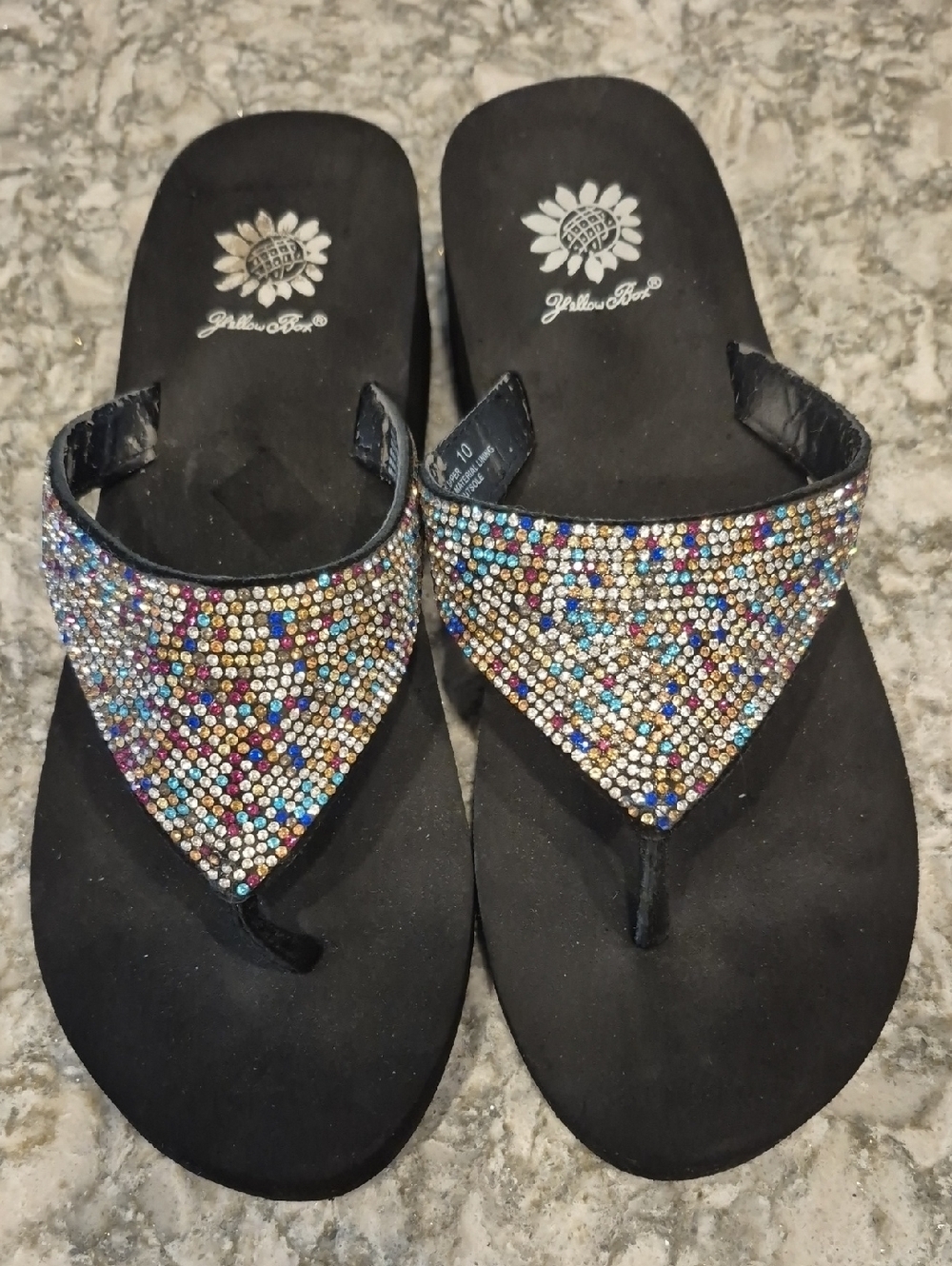 Yellow Box Kristian Glitter Wedge Black Sandals with Multicolored Rhinestones